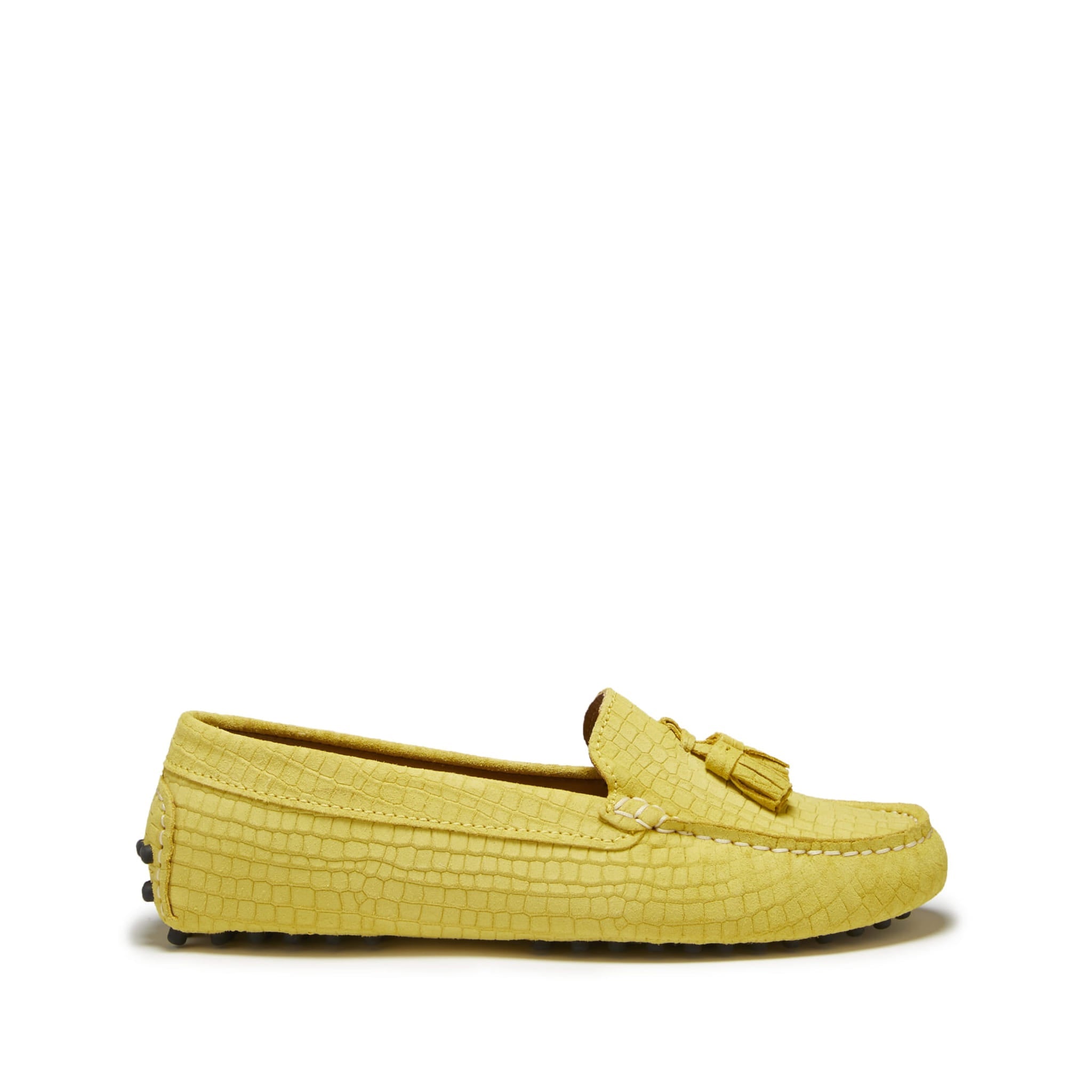 Hugs & Co Womens Tasselled Driving Loafers Yellow Embossed Suede