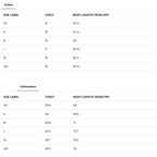 Size chart comparing inches and centimeters for clothing measurements.