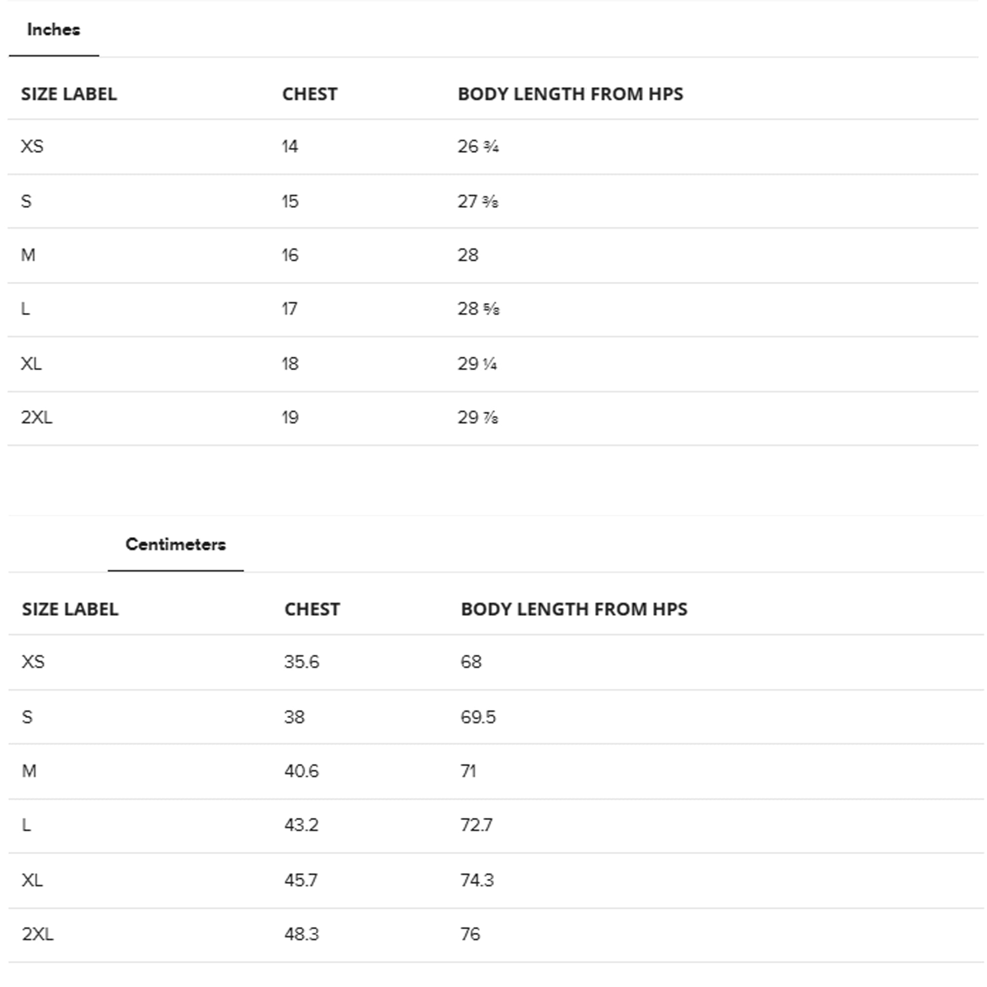Size chart comparing inches and centimeters for clothing measurements.