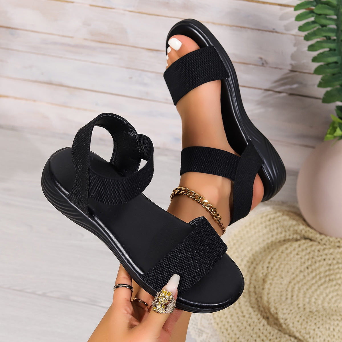 Color-block Elastic Sandals Summer Fish Mouth Flat Shoes Womens