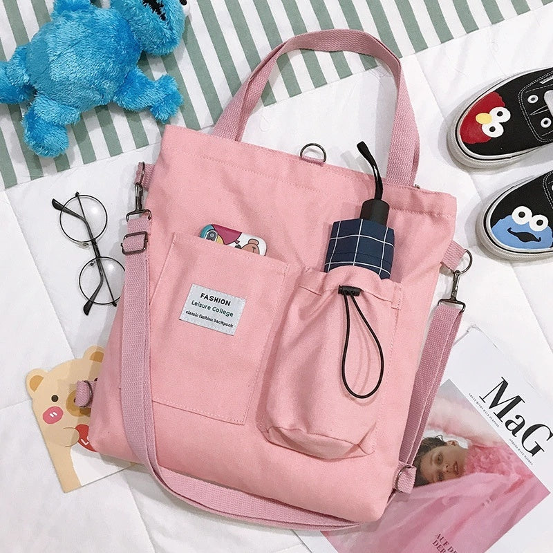 Harajuku Canvas Backpack Shoulder Bag With Pockets