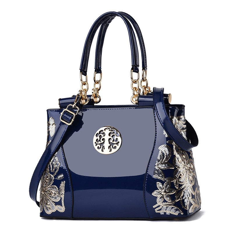 Womens Patent Look Sequin Embroidered Handbag