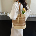 Summer Stripe Straw Shoulder Beach Bag With Tassel