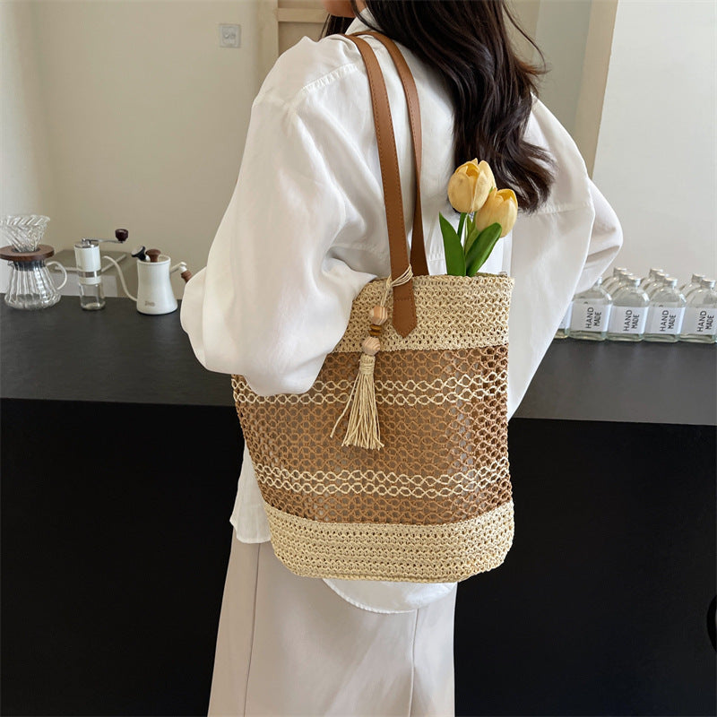 Summer Stripe Straw Shoulder Beach Bag With Tassel