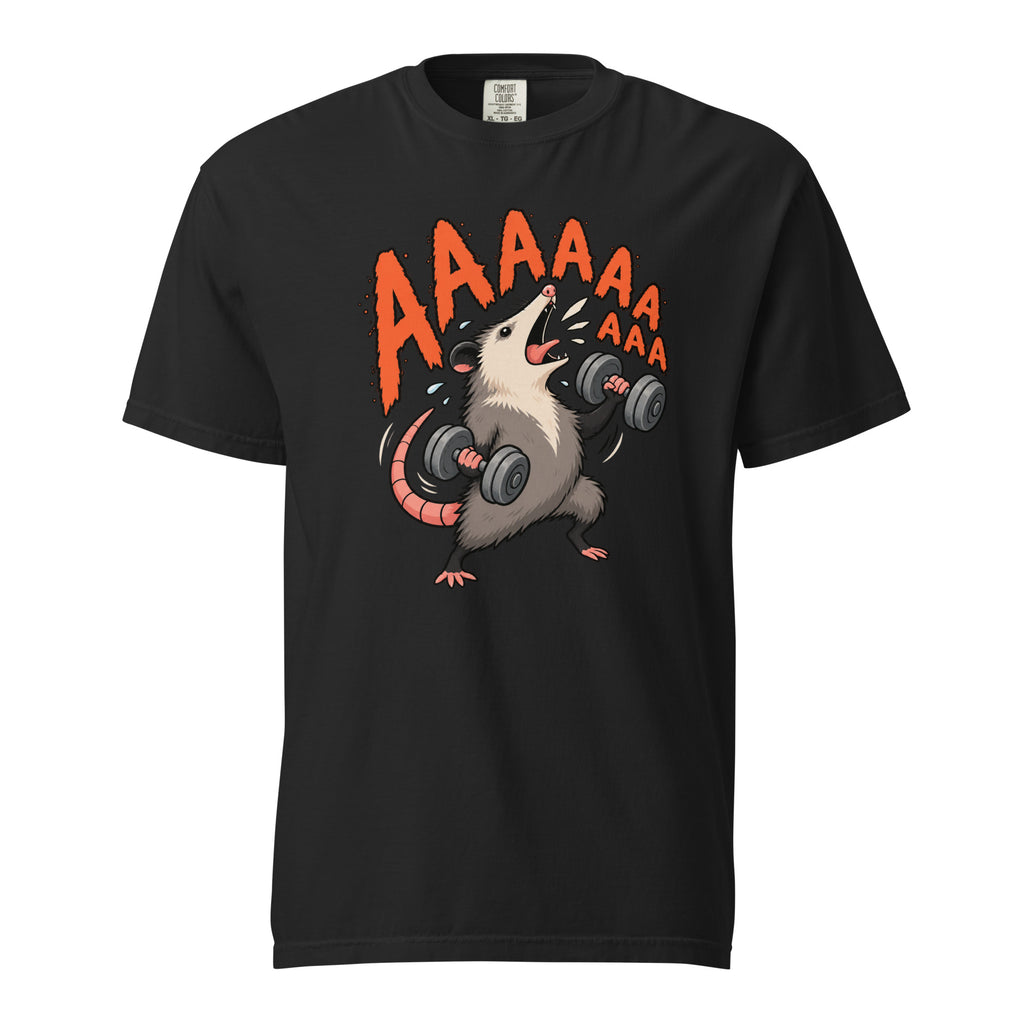 Front view of a black T-shirt featuring a hand-drawn rat lifting two dumbbells beneath bold orange AAAAA lettering.
