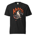 Front view of a black T-shirt featuring a hand-drawn rat lifting two dumbbells beneath bold orange AAAAA lettering.