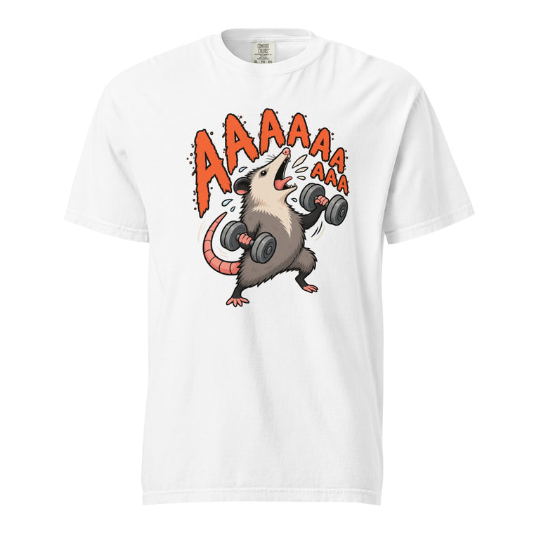 White T-shirt featuring a hand-drawn rat lifting two dumbbells with an open-mouth shouting expression and bold orange AAAAA lettering.