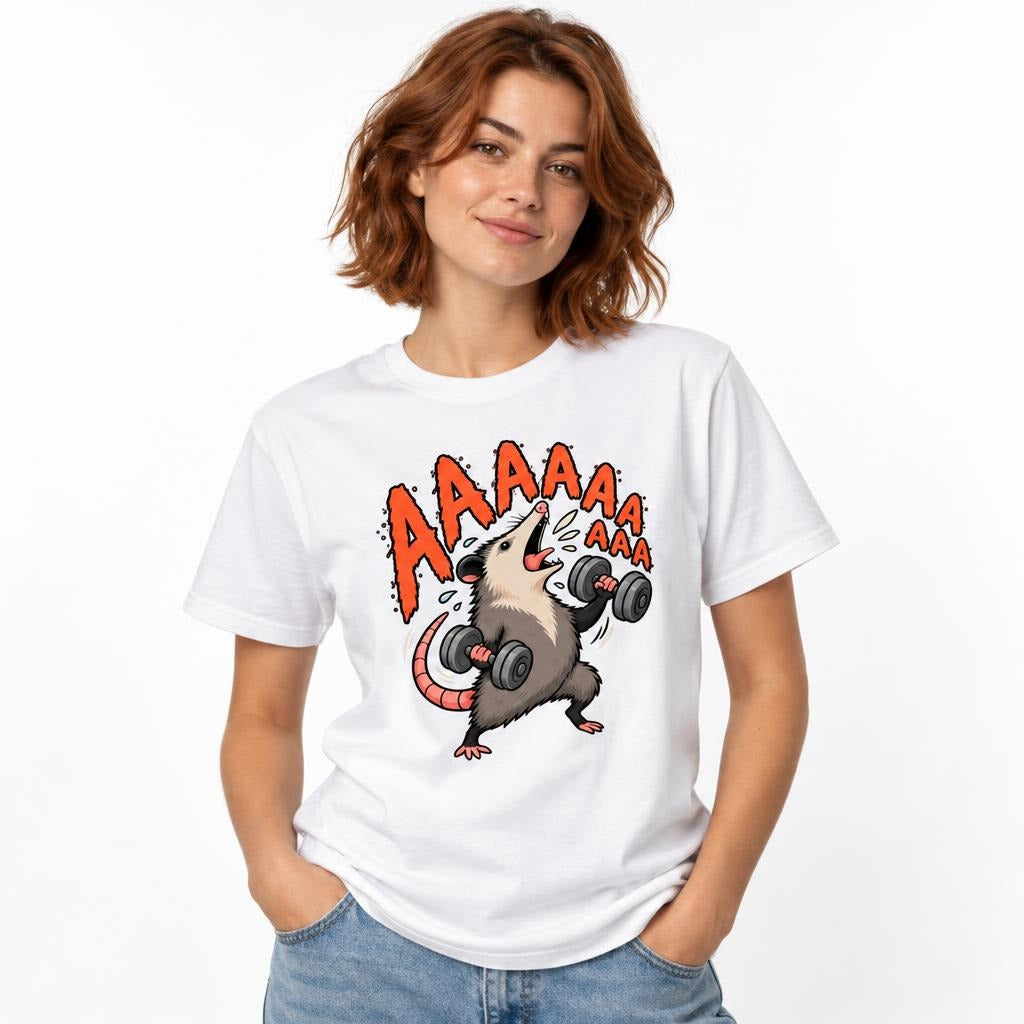 Front view of a white T-shirt featuring a hand-drawn rat lifting two dumbbells with bold orange “AAAAA” lettering.