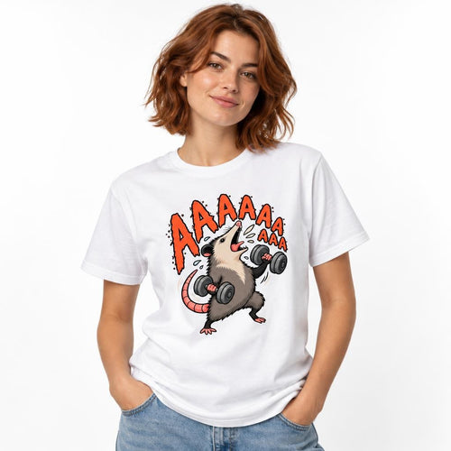 Front view of a white T-shirt featuring a hand-drawn rat lifting two dumbbells with bold orange “AAAAA” lettering.