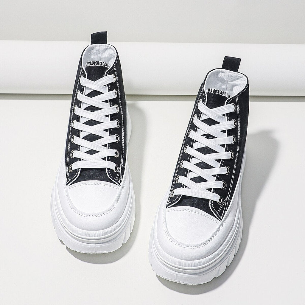 Womens Canvas Height Increasing High Top Lace Up Black Trainers