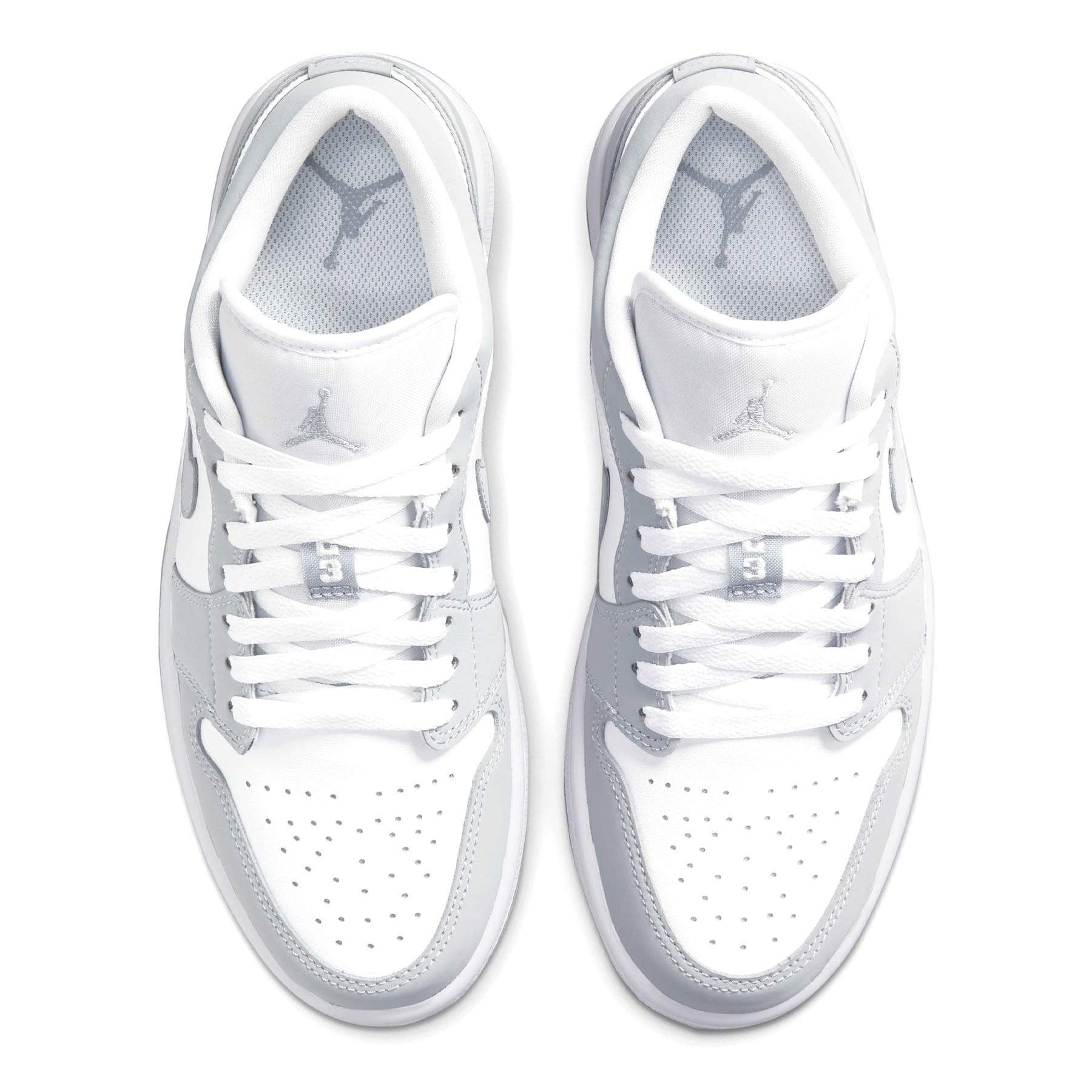 Air Jordan 1 Low Womens White Wolf Grey trainers top view showing laces