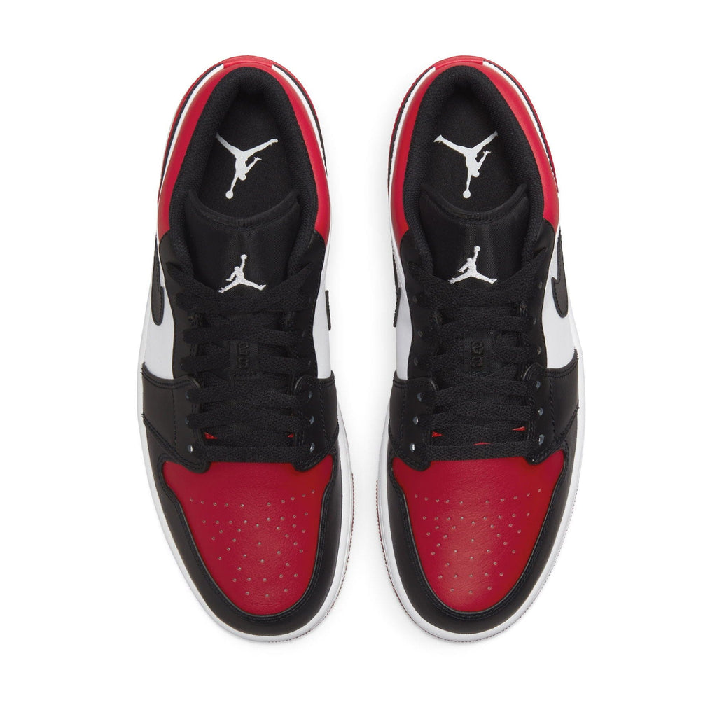 Air Jordan 1 Low Bred Toe trainers top view showing laces