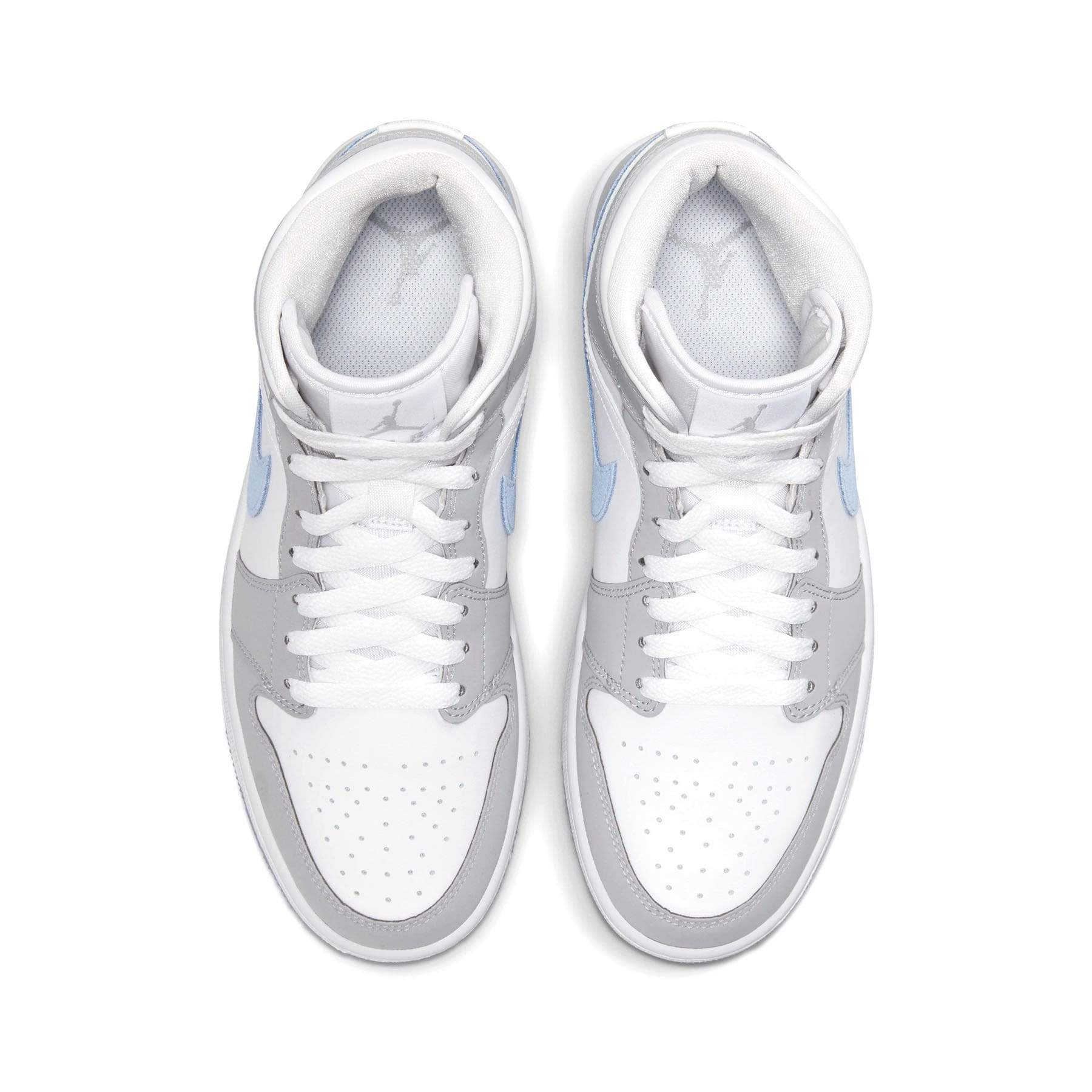 Air Jordan 1 Mid Womens White Wolf Grey trainers top view showing laces