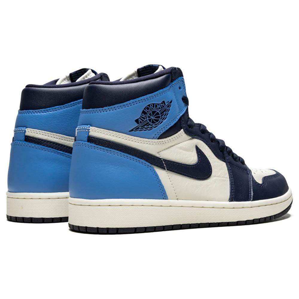 Air Jordan 1 High OG Obsidian UNC trainers top view showing laces