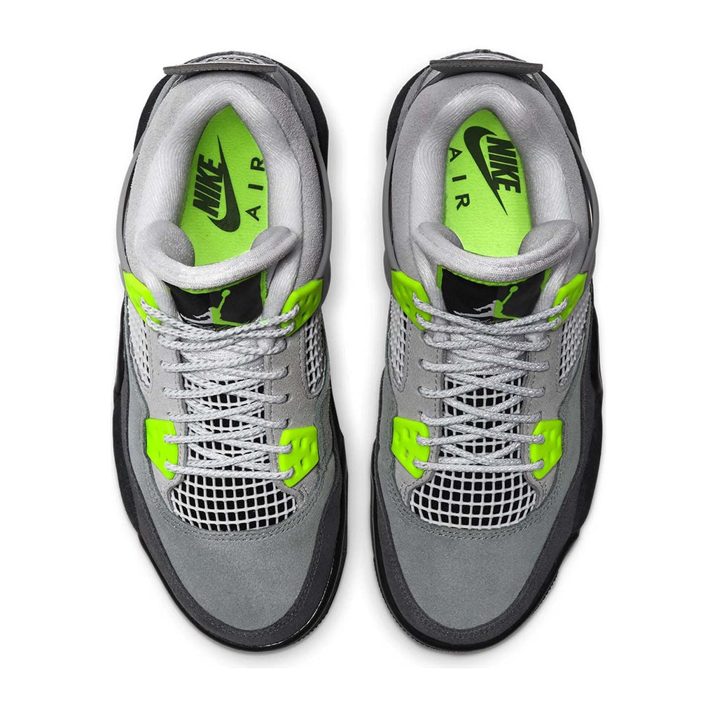 Air Jordan 4 Retro SE GS Neon 95 trainers top view showing laces