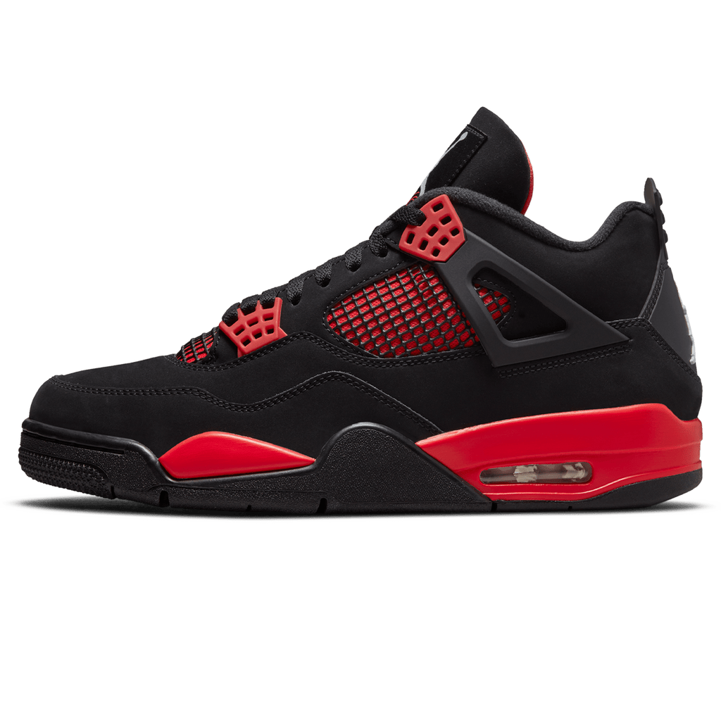 Air Jordan 4 Retro Red Thunder trainers main side profile in black and red