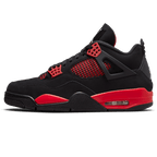Air Jordan 4 Retro Red Thunder trainers main side profile in black and red