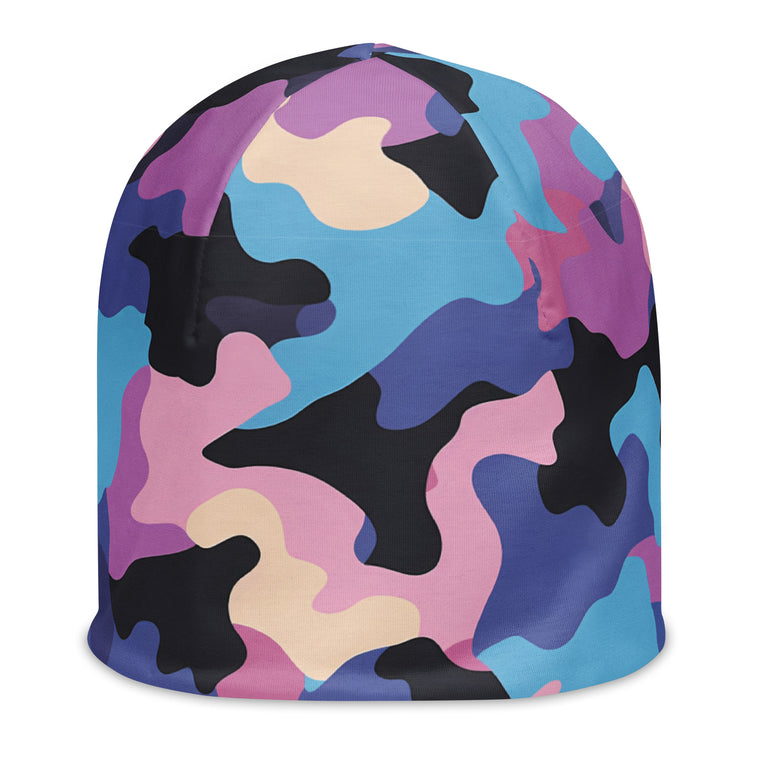 Cyan and pink camouflage adventure beanie, front view.