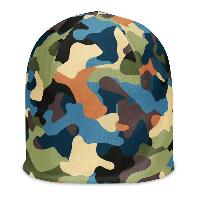 Blue and green camouflage adventure beanie, front view.