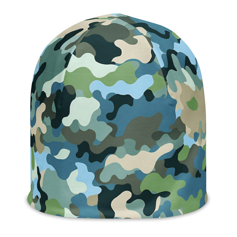 Ocean green camouflage adventure beanie, front view.