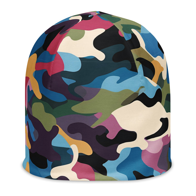 Vibrant multicolour camouflage adventure beanie, front view.