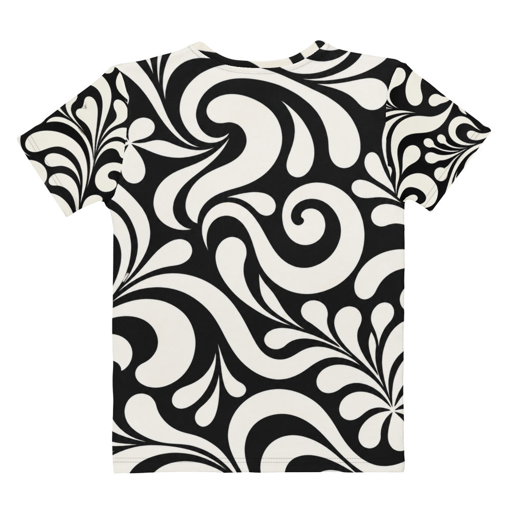 White t shirt featuring Front and back views of a regular-fit short-sleeve T-shirt covered in a high-contrast black-and-cream swirling ornamental pattern. The front visibly reads “Stay Weird” in large cream psychedelic l