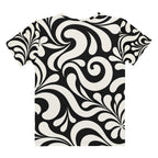 White t shirt featuring Front and back views of a regular-fit short-sleeve T-shirt covered in a high-contrast black-and-cream swirling ornamental pattern. The front visibly reads “Stay Weird” in large cream psychedelic l