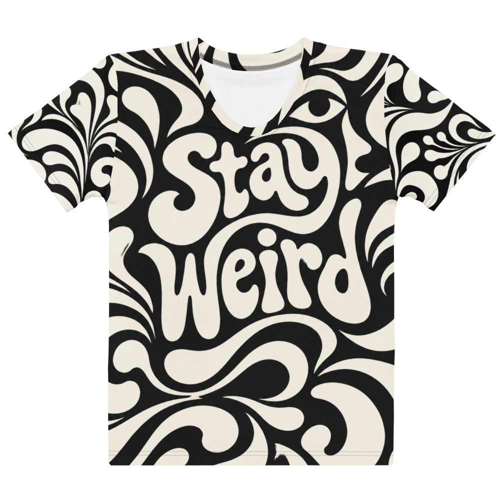 White T-shirt with black-and-cream swirling ornamental pattern, large psychedelic “Stay Weird” lettering and an eye motif