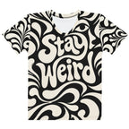White T-shirt with black-and-cream swirling ornamental pattern, large psychedelic “Stay Weird” lettering and an eye motif