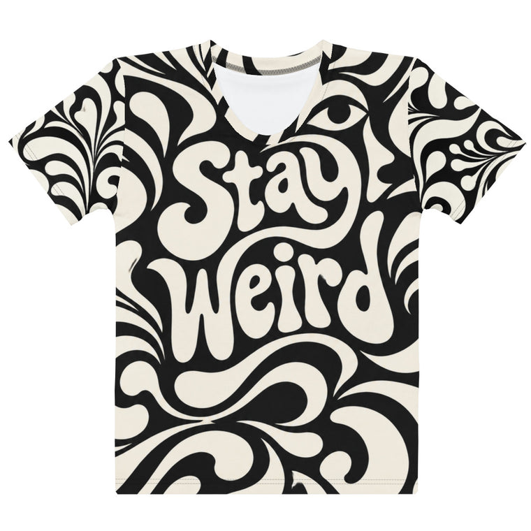 White T-shirt with black-and-cream swirling ornamental pattern, large psychedelic “Stay Weird” lettering and an eye motif
