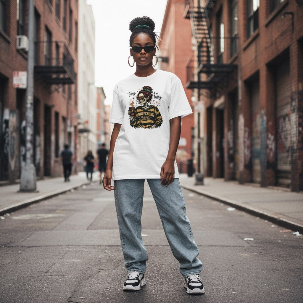 Black woman wearing a white Today Im Feeling Ambitchous skeleton girl t-shirt in an urban streetwear setting