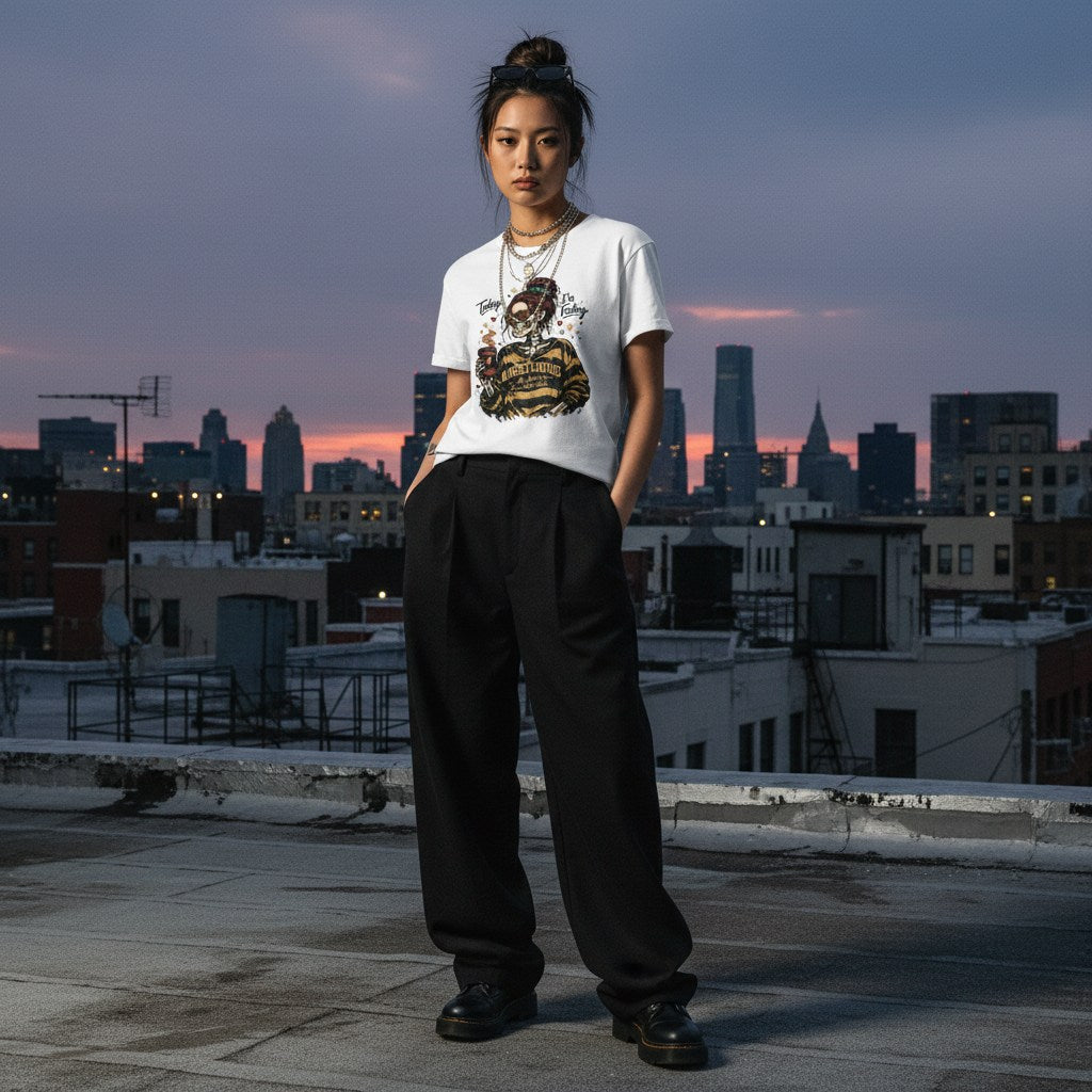 East Asian woman in urban streetwear wearing a white Today Im Feeling Ambitchous skeleton girl t-shirt