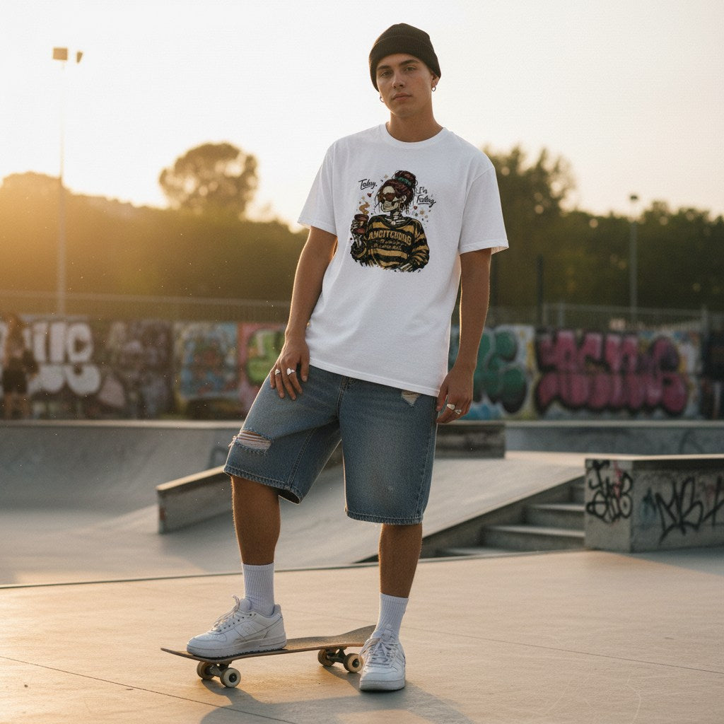 Non-binary streetwear model wearing a white Today Im Feeling Ambitchous skeleton girl t-shirt.