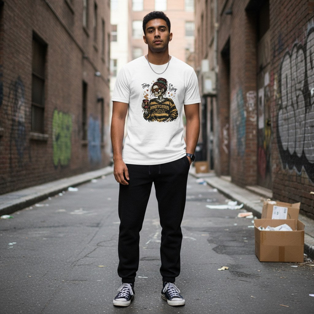South Asian man wearing an Ambitchous skeleton girl t-shirt in a streetwear setting