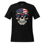 Black t-shirt with a skull design wearing American flag sunglasses on a wooden surface, featuring the brand 'StayClothed'.