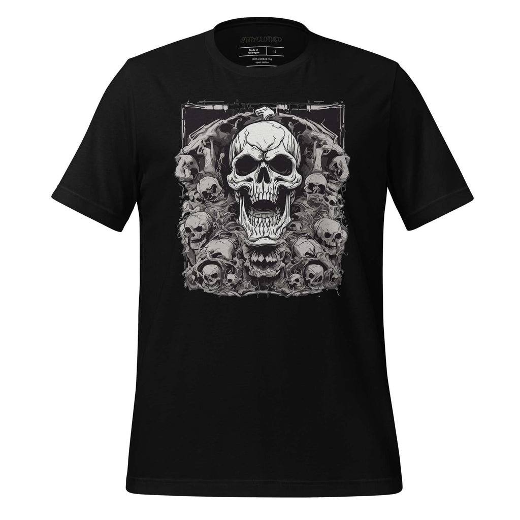 Black t-shirt with skull design on a wooden surface, featuring 'StayClothed' brand.