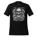 Black t-shirt with skull design on a wooden surface, featuring 'StayClothed' brand.