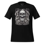 Black t-shirt with skull design on a wooden surface, featuring 'StayClothed' brand.