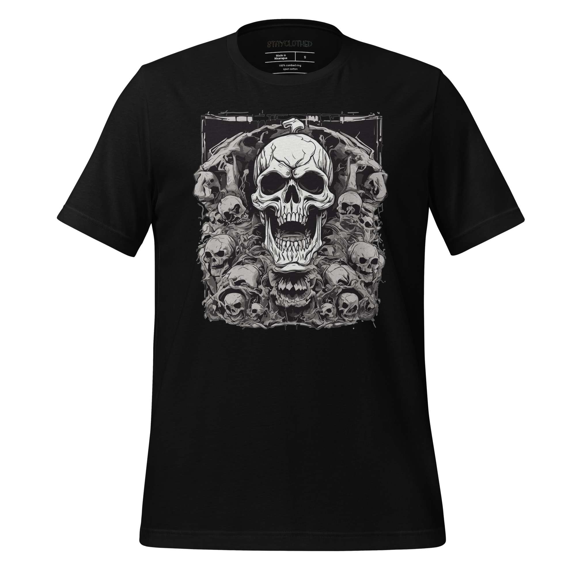 Black t-shirt with skull design on a wooden surface, featuring 'StayClothed' brand.