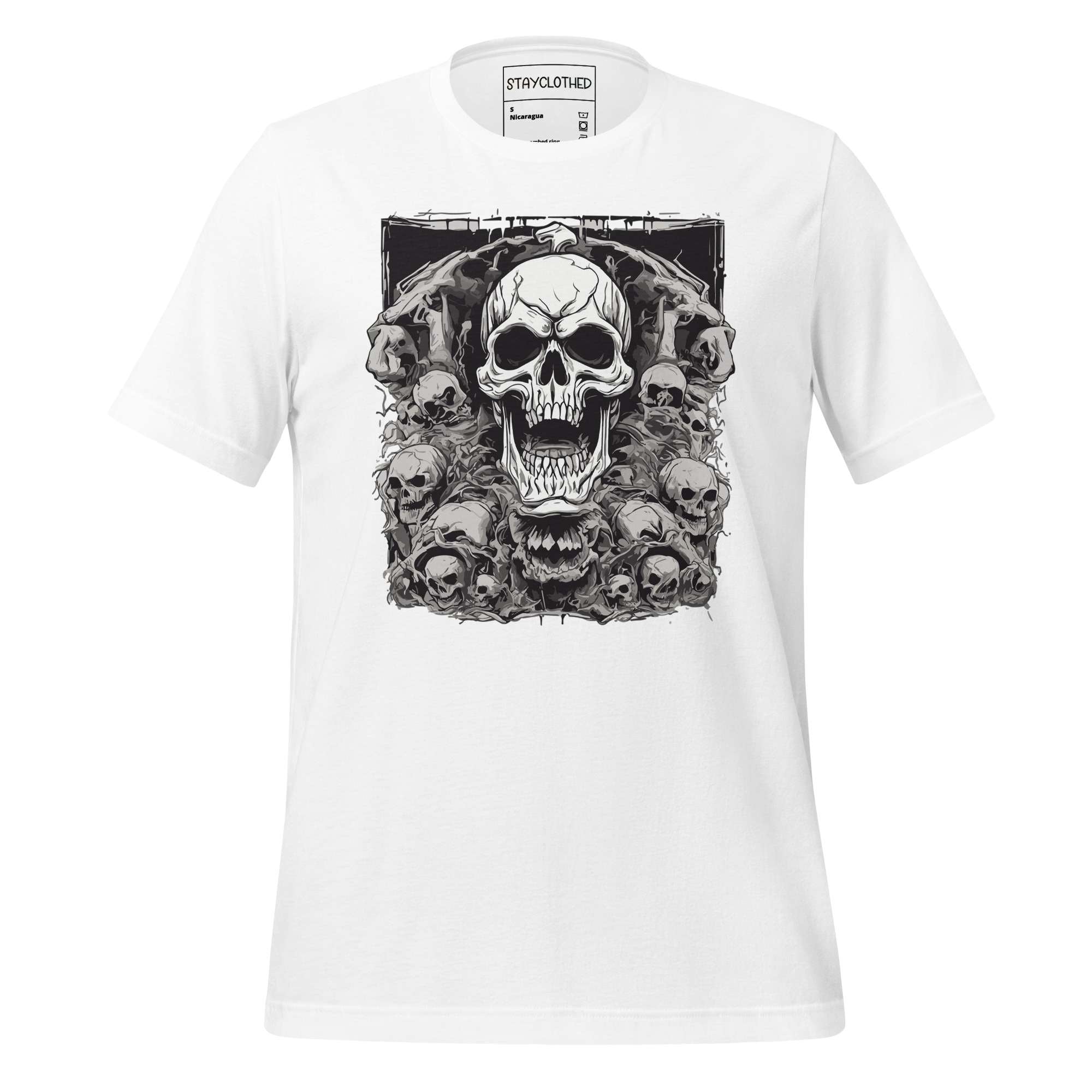White t-shirt with skull design on a wooden surface, featuring the brand 'StayClothed'.