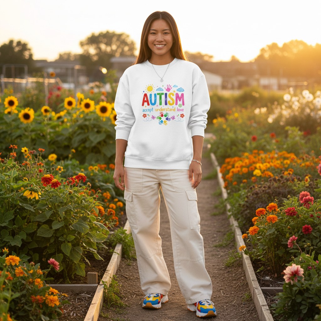 East Asian woman wearing a white unisex crew neck sweatshirt.