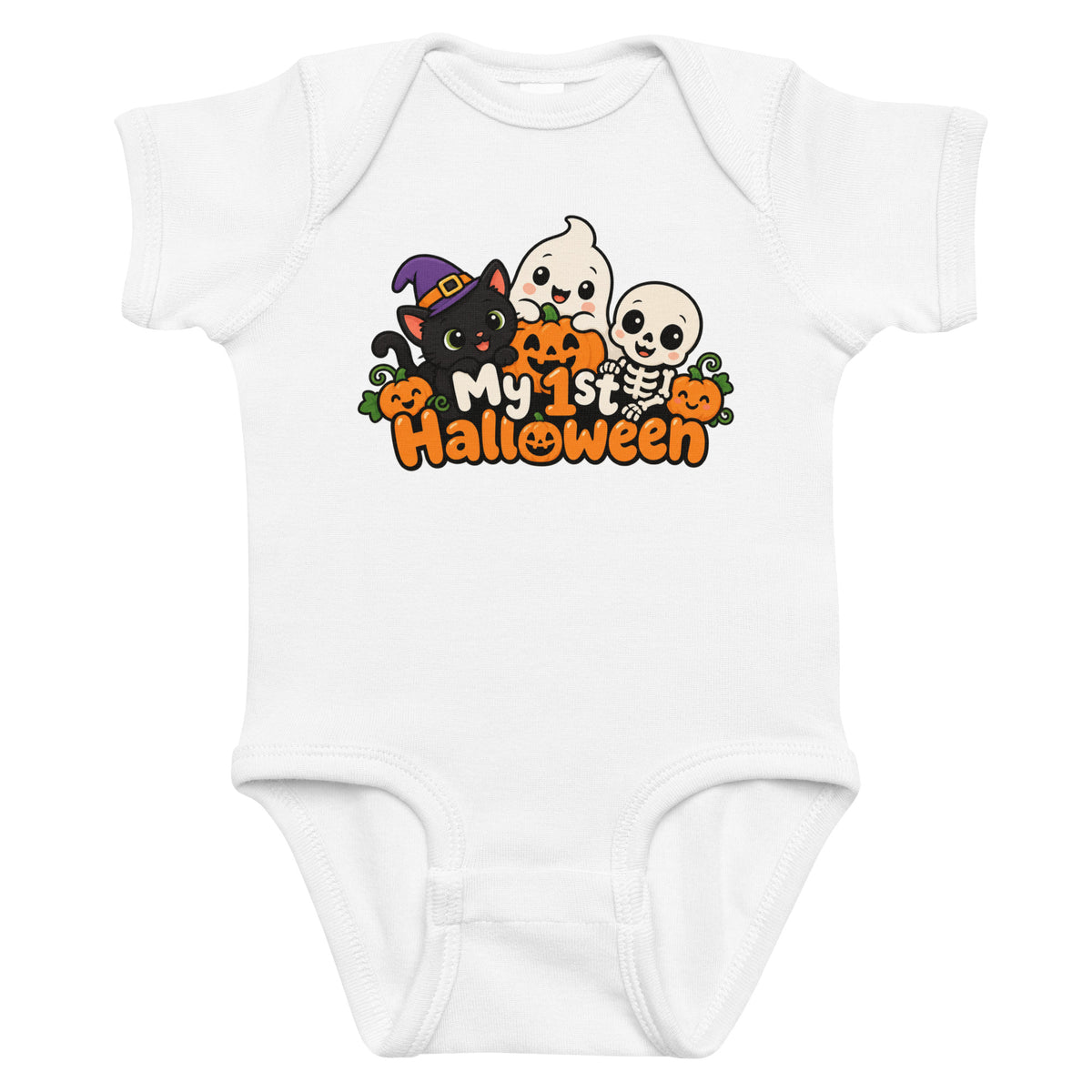 White baby short-sleeve bodysuit with “My 1st Halloween” text, a cute cat in a witch hat, ghost, smiling skeleton and pumpkins.