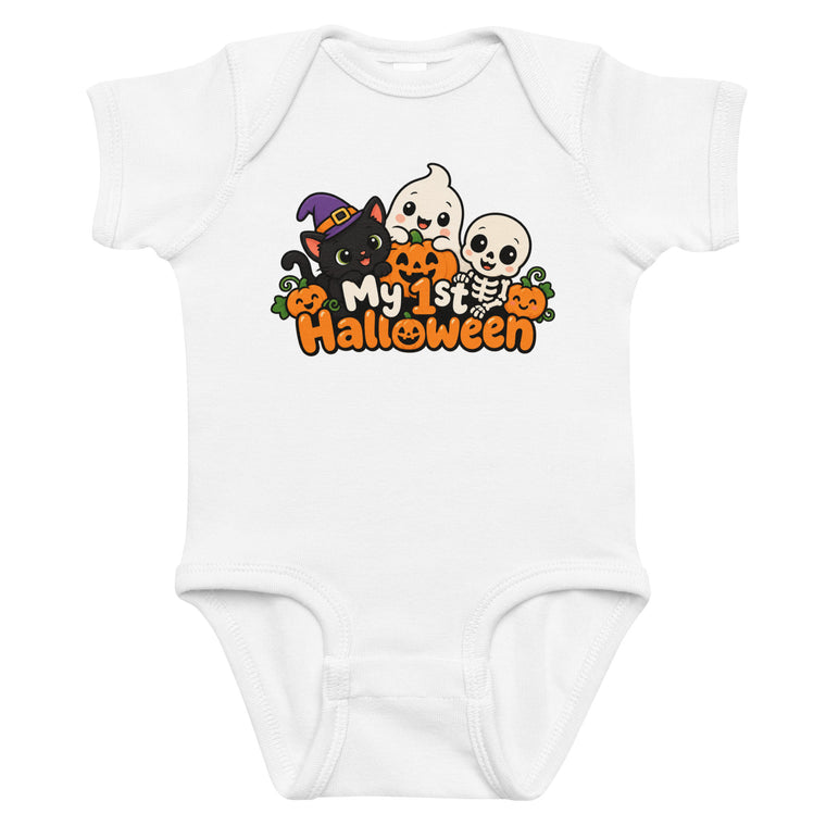 White baby short-sleeve bodysuit with “My 1st Halloween” text, a cute cat in a witch hat, ghost, smiling skeleton and pumpkins.