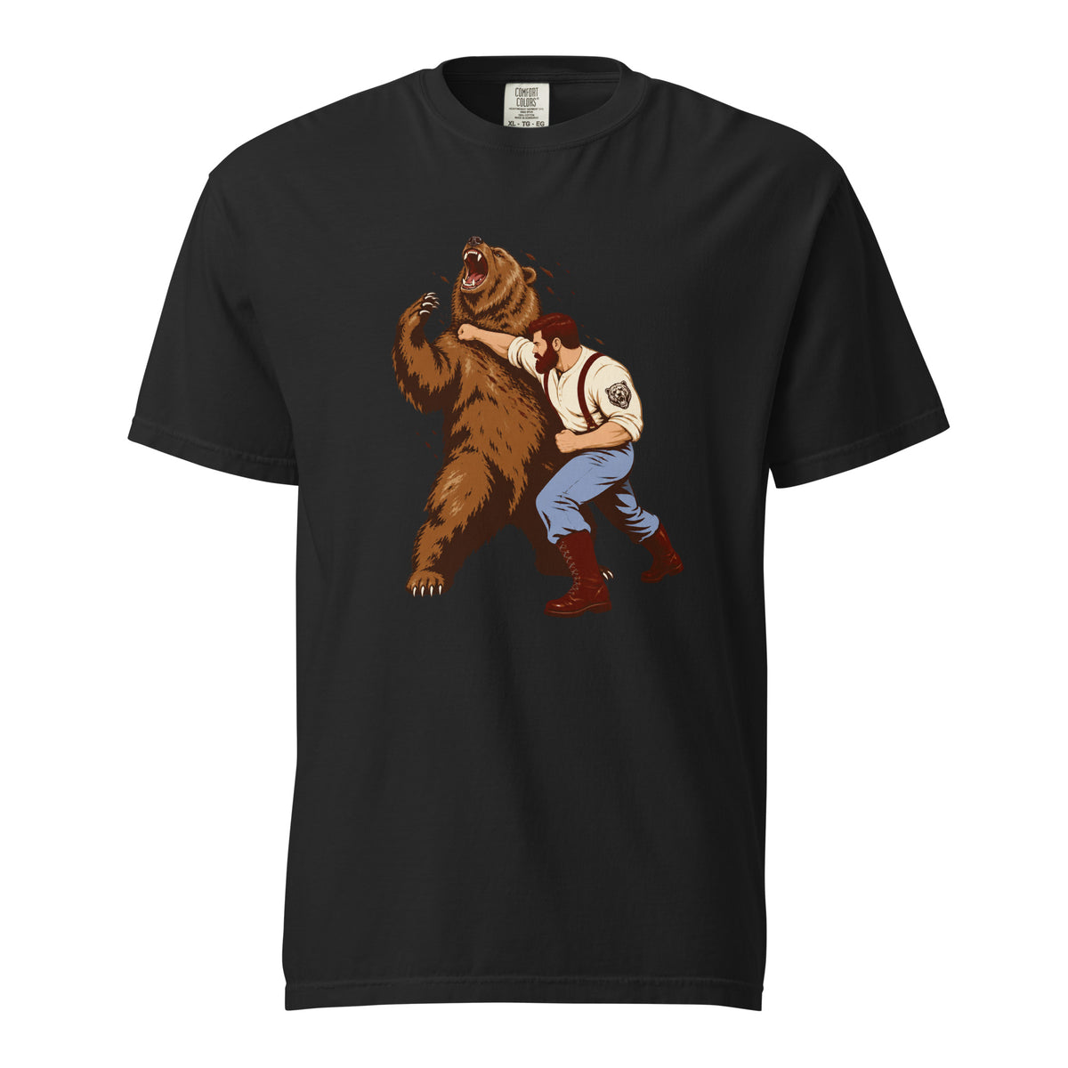 Front view of a black T-shirt featuring a vintage-style illustration of a bearded man wrestling a large roaring brown bear.