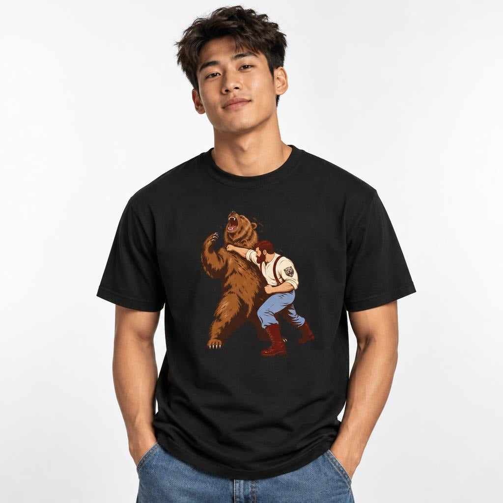Front view of a model wearing a black T-shirt with a vintage illustration of a man wrestling a roaring brown bear.