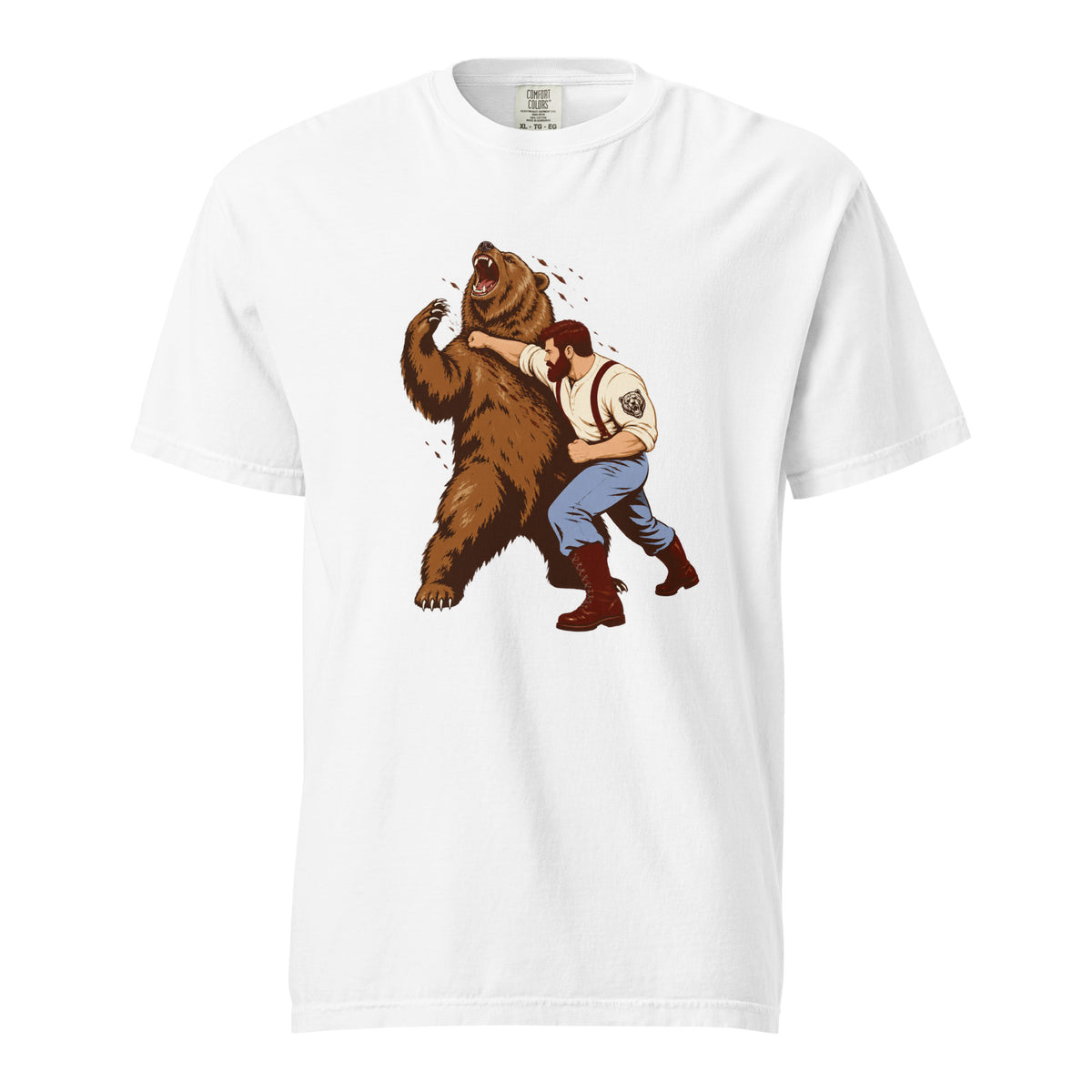 Front view of a white T-shirt featuring a vintage-style illustration of a bearded man wrestling a large roaring brown bear.