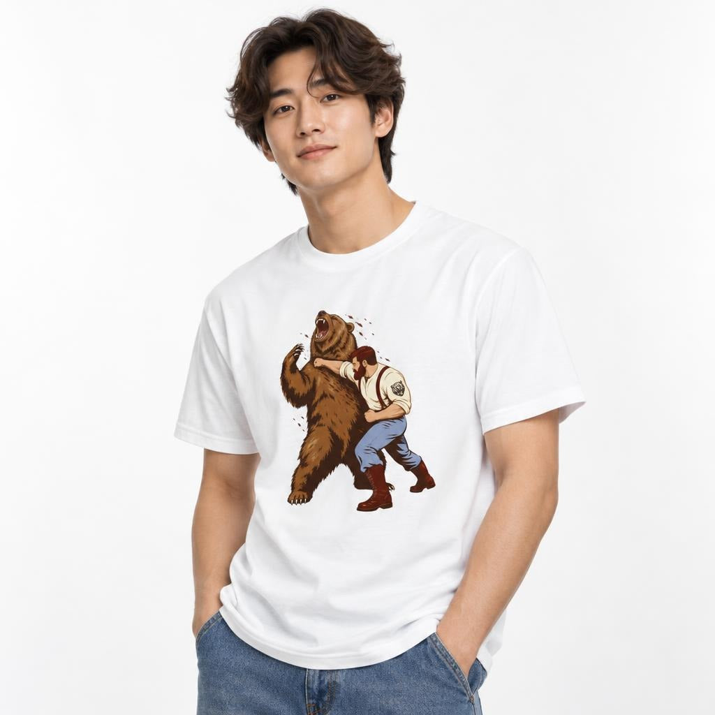 A model wears a white T-shirt with a vintage illustration of a bearded man wrestling a roaring brown bear.