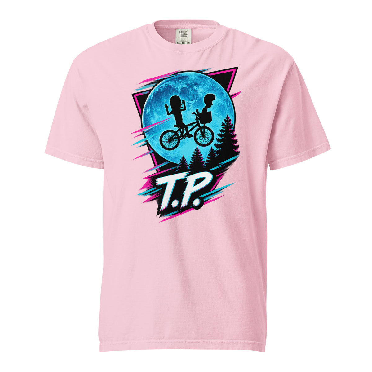 Front view of a Blossom T-shirt featuring two children riding a bicycle before a large blue moon, pine trees, neon accents, and “T.P.” lettering.