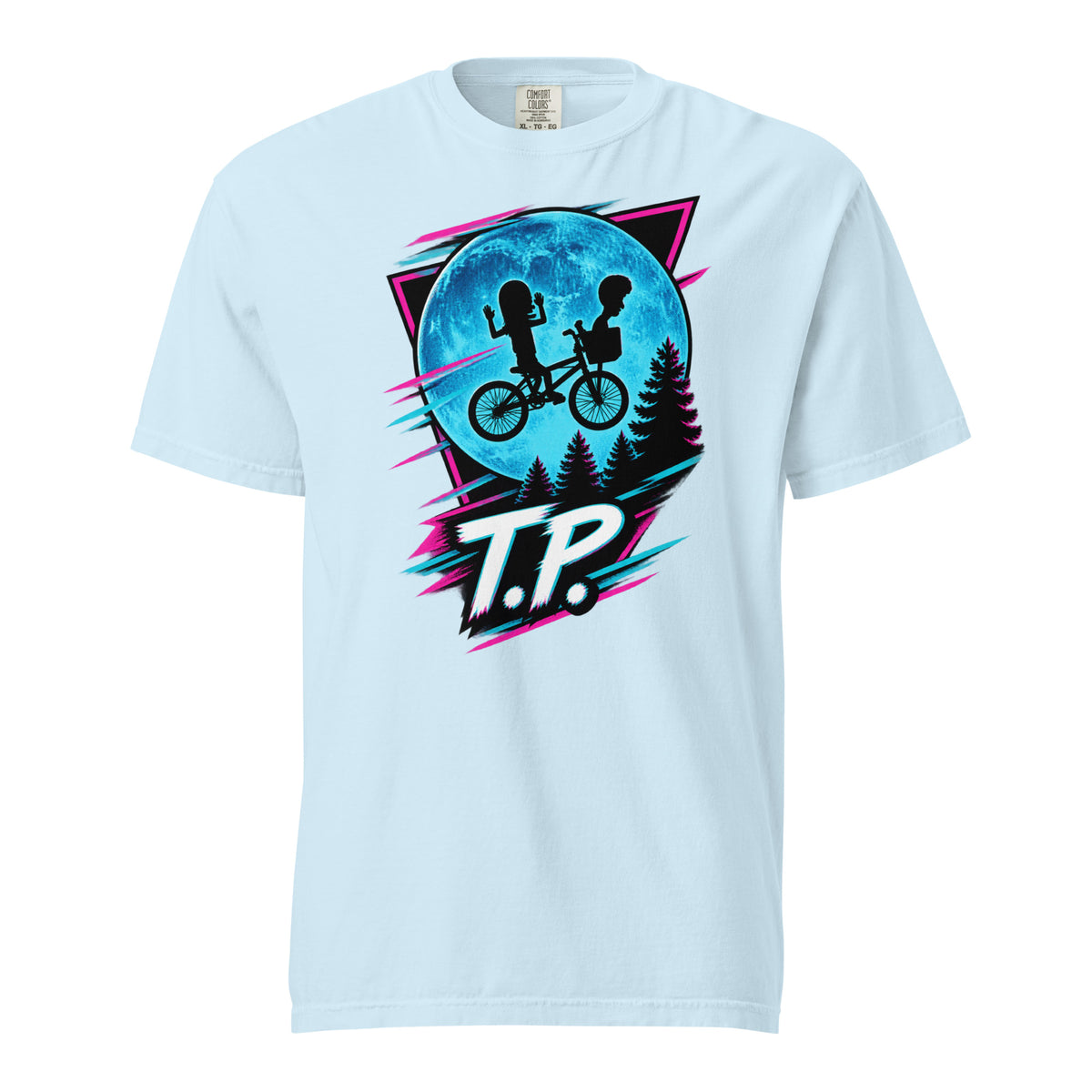 Chambray T-shirt with two children riding a bicycle before a large blue moon, pine trees, neon accents and T.P. lettering