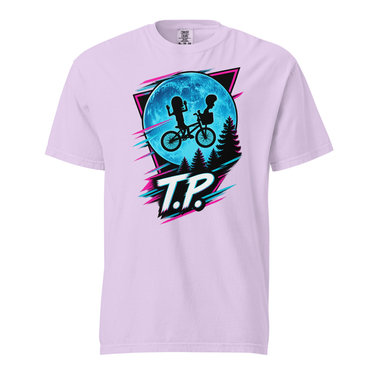 Front view of an Orchid T-shirt with two children riding a bicycle in front of a blue moon, pine trees, neon accents and “T.P.” lettering.